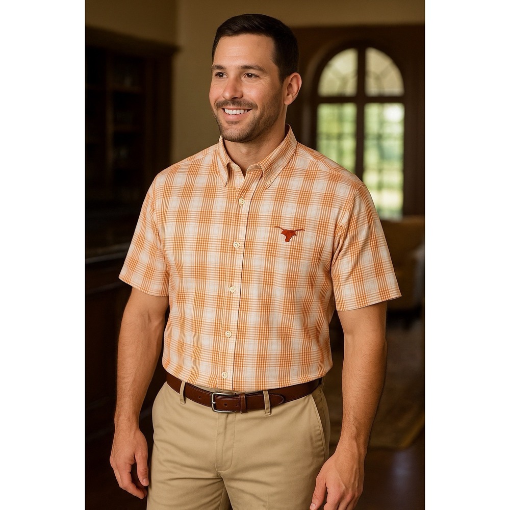 Antigua Texas Longhorns Men's XL Plaid Button-Down Short Sleeve Shirt Orange